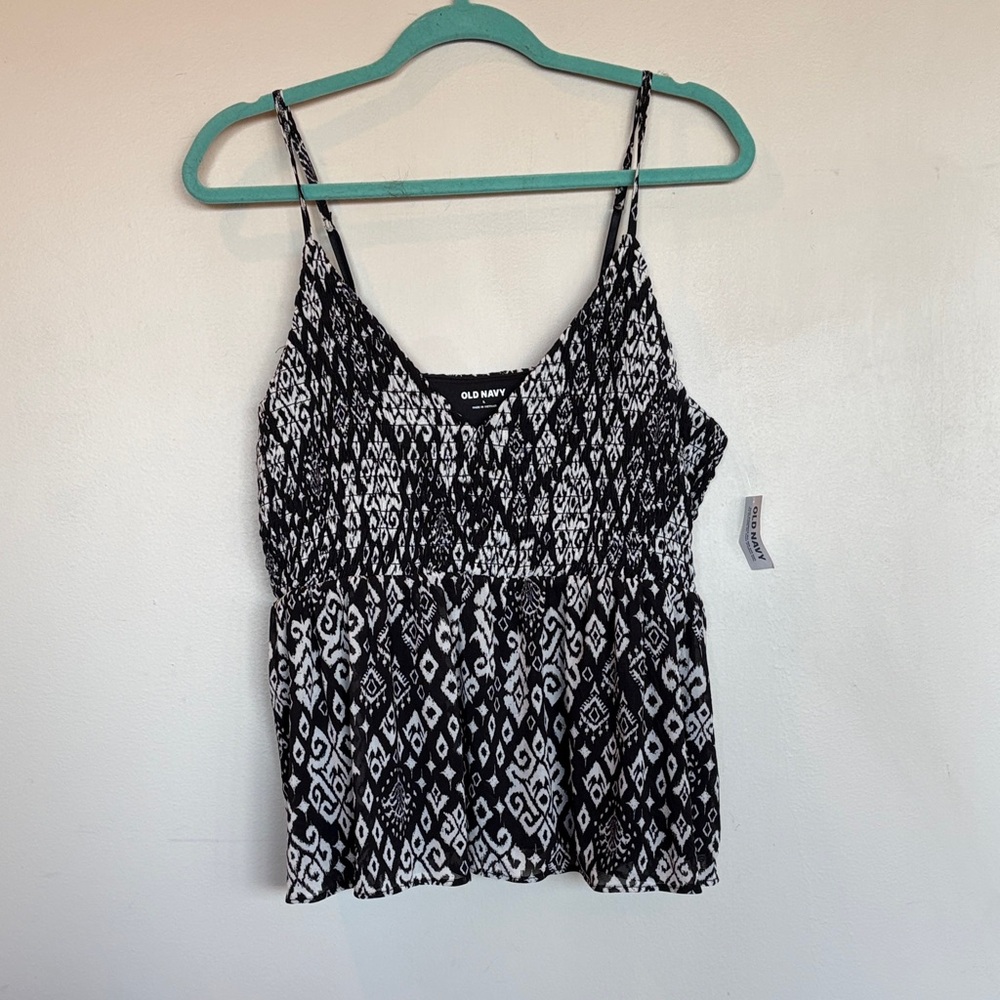 Old Navy Black White Smocked Tank Top L Boho Flowy Cami NWT